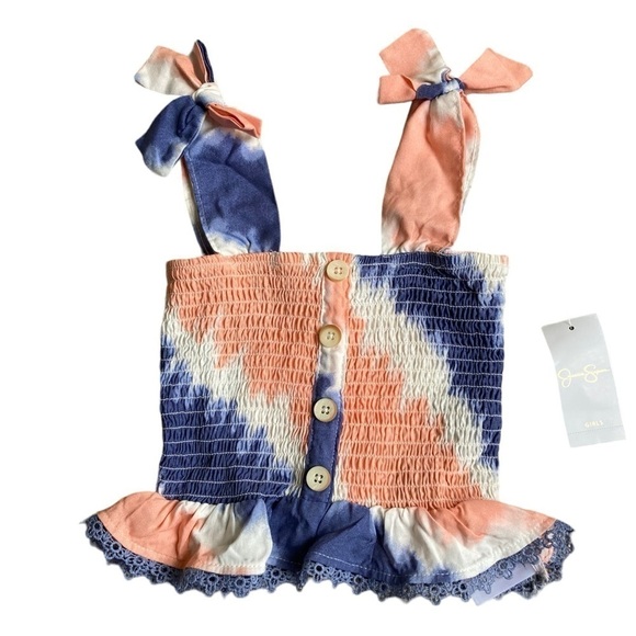 NWT Jessica Simpson Girls Tie Dye Smocked Tank Top Bow Straps Blue Peach Sz 7/8 - Picture 3 of 13